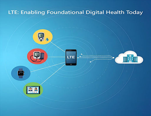 Illustration of current healthcare applications like remote patient monitoring, basic telehealth, and wearables enabled by reliable LTE connectivity in the lte vs 5g context.