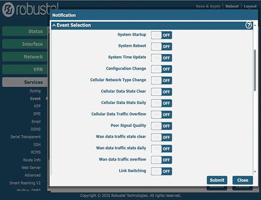 A flowchart illustrating how an event on an industrial LTE router triggers an SMS and email alert notification.