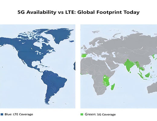 Conceptual world map comparing the near-ubiquitous global coverage of LTE vs the growing but still geographically limited availability of 5G.