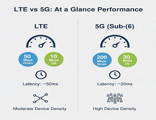 Infographic comparing key performance metrics of lte vs 5g including typical speed, latency, and connection density.