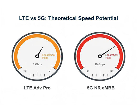 Infographic comparing the theoretical maximum download speed potential of lte vs 5g networks under ideal lab conditions.