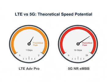 Infographic comparing the theoretical maximum download speed potential of lte vs 5g networks under ideal lab conditions.