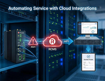A workflow diagram showing how an IoT gateway alert flows through the RCMS cloud platform via API to automatically generate a ticket in an ERP system.