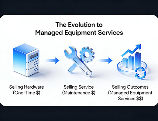 A diagram showing the evolution from selling hardware to selling outcomes through managed equipment services.