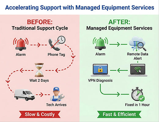 A timeline comparison showing how managed equipment services reduce CNC repair time from days to hours using remote diagnostics.