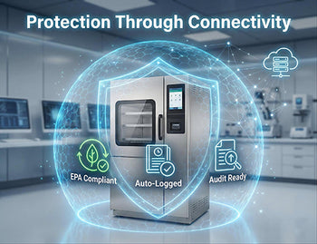 A graphic showing a medical autoclave protected by a digital shield of data, representing automated compliance and audit readiness.