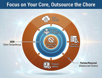 A target graphic illustrating that OEMs should focus on machines and service, while outsourcing IoT infrastructure to a partner.