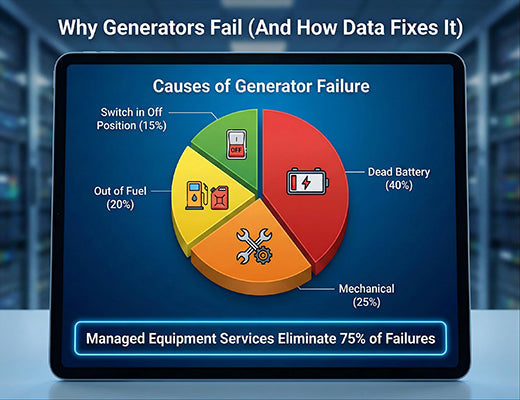 A pie chart showing that most generator failures are caused by preventable issues like batteries and fuel, which managed equipment services can monitor.