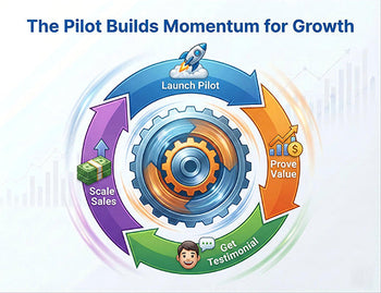 A flywheel graphic showing how a successful pilot leads to testimonials and scalable sales growth for managed equipment services.