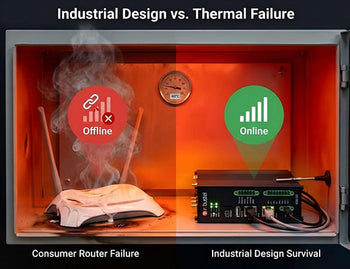 A graphic comparing a failing consumer router to a functioning industrial gateway in a high-heat industrial environment.
