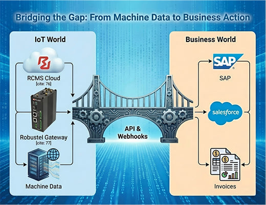 A conceptual diagram showing APIs and Webhooks as the bridge connecting IoT machine data to business ERP and CRM systems.