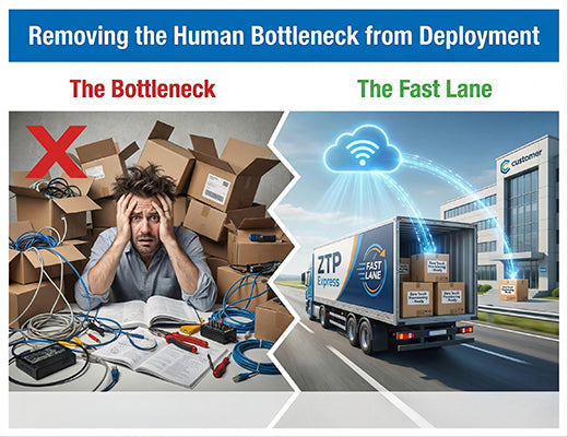 A comparison graphic showing the inefficiency of manual configuration versus the speed and simplicity of Zero-Touch Provisioning for managed equipment services.