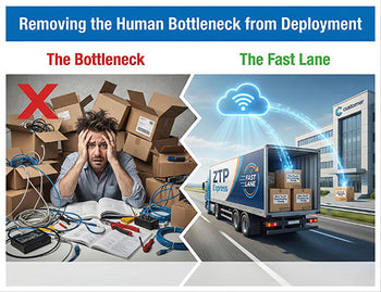 A comparison graphic showing the inefficiency of manual configuration versus the speed and simplicity of Zero-Touch Provisioning for managed equipment services.
