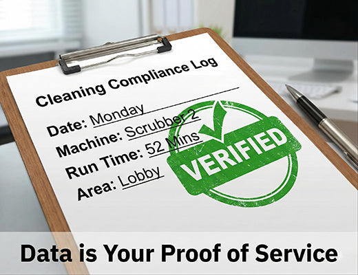 A digital report showing verified cleaning runtimes and locations, demonstrating the proof of service capability of managed equipment services.