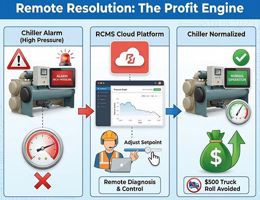A workflow diagram showing an engineer remotely adjusting a chiller via RCMS to fix an alarm, saving the cost of a physical truck roll.