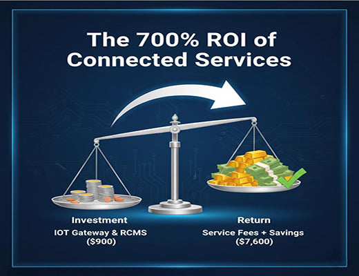 A balance scale graphic showing that the return on investment from managed equipment services vastly outweighs the cost of the IoT hardware.