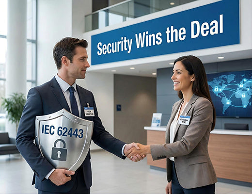 A graphic showing an OEM using IEC 62443 certification to build trust with a customer CISO and close a managed equipment services deal.