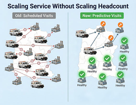 A graphic showing how predictive maintenance allows a managed equipment services provider to service more customers with fewer truck rolls.
