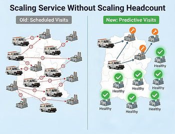 A graphic showing how predictive maintenance allows a managed equipment services provider to service more customers with fewer truck rolls.