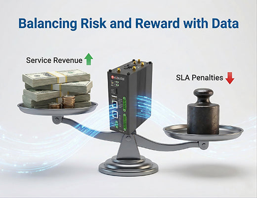 A balance scale graphic showing how an IoT gateway prevents SLA penalties from outweighing service revenue in managed equipment services.