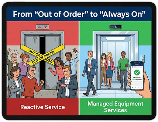 A comparison showing a broken elevator under reactive service vs. a functioning smart elevator under managed equipment services.