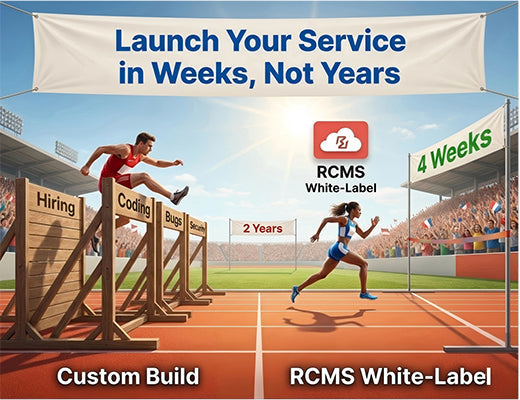 A race track graphic illustrating the speed advantage of white-labeling RCMS versus the delays of building a custom IoT platform.