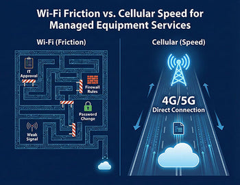A diagram comparing the complexity and friction of connecting via customer Wi-Fi versus the direct, simple path of cellular connectivity.