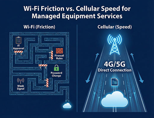 A diagram comparing the complexity and friction of connecting via customer Wi-Fi versus the direct, simple path of cellular connectivity.