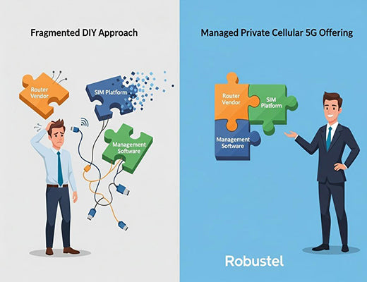 An infographic comparing a fragmented DIY private 5G solution with a unified, single-vendor managed private cellular 5G offering.