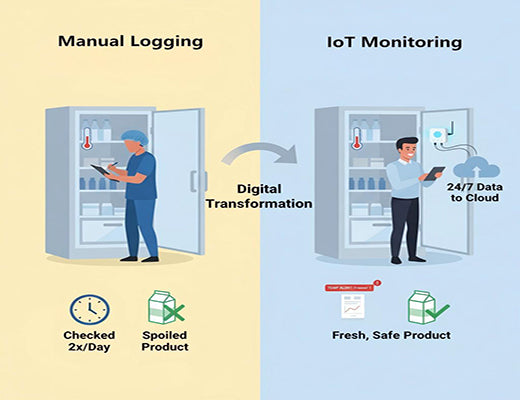 An infographic comparing error-prone manual temperature logging to a reliable, 24/7 automated IoT remote temperature monitoring system.