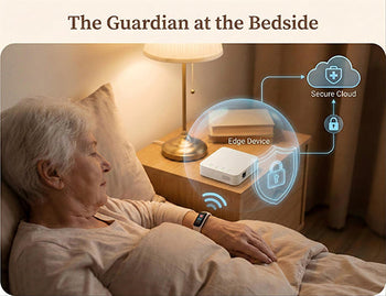 A conceptual illustration of a remote patient monitoring setup where a medical edge device aggregates wearable data at the patient's bedside.