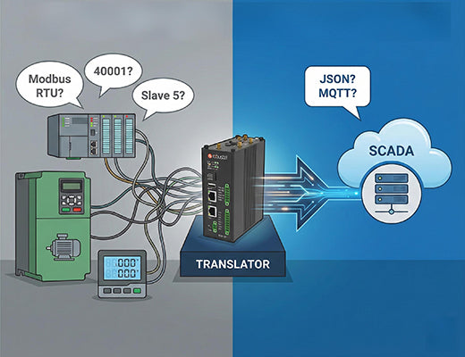 Infographic showing an edge router as a translator, converting confusing Modbus RTU/TCP data from PLCs into clean MQTT/JSON for the cloud.