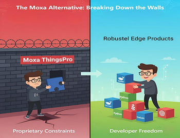 A timeline showing how developing on an open Robustel edge product is significantly faster than learning a proprietary Moxa SDK.