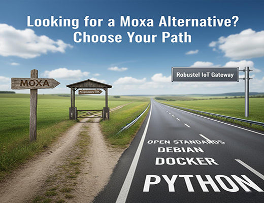 A fork in the road showing the choice between a proprietary Moxa IoT Gateway and an open-standard Robustel IoT Gateway as a Moxa alternative.