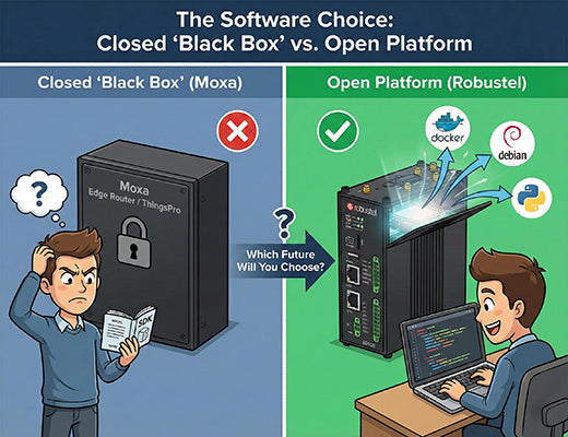 Diagram comparing a closed proprietary Moxa edge router to a Robustel edge router with an open Debian OS and Docker support, a key moxa alternative.