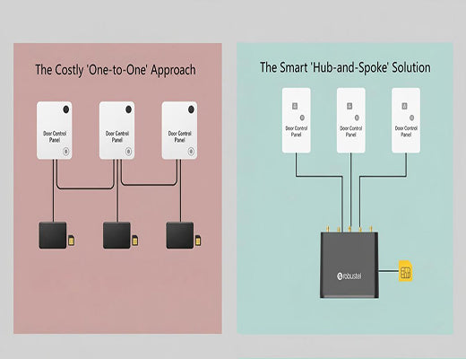 An architectural diagram comparing the costly one-to-one approach for multi-door access control to the cost-effective hub-and-spoke solution using a single R1520.