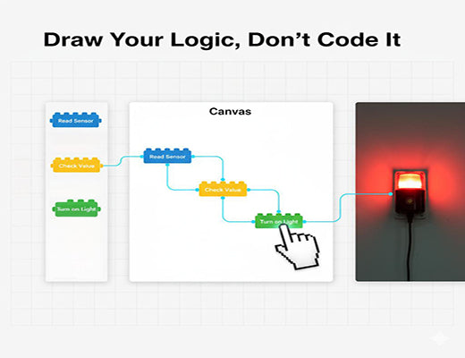 An infographic explaining how Node-RED's visual, flow-based programming allows users to build edge control logic without writing code.