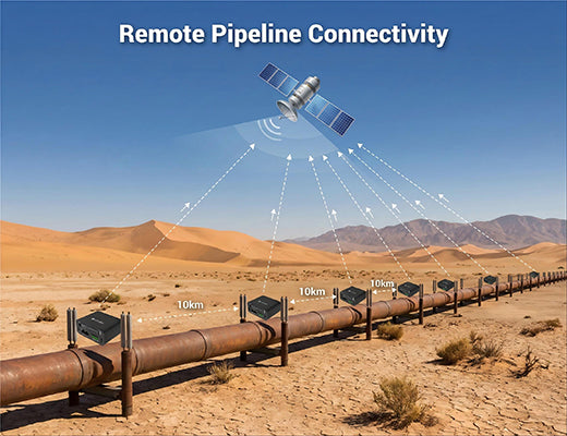 An illustration of a series of LoRaWAN gateways monitoring a long-distance oil pipeline, utilizing satellite backhaul for remote data transmission.
