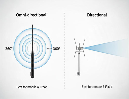 An infographic comparing the 360-degree signal pattern of an omni-directional antenna to the focused beam of a directional antenna.