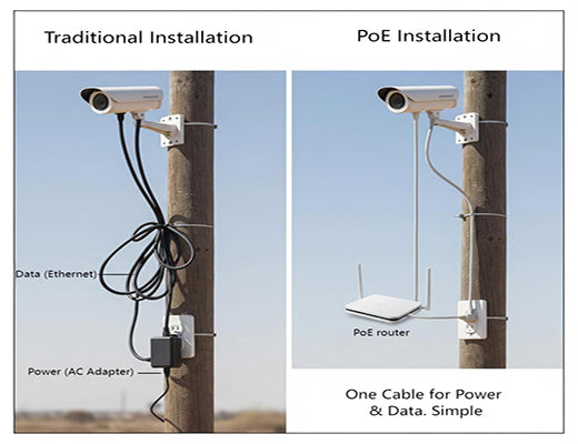 An infographic comparing a traditional two-cable installation for an IP camera to the simple, single-cable installation enabled by a PoE router.