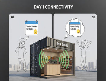 A comparison illustration highlighting the speed of deploying a pop-up store with a 5G gateway versus waiting weeks for wired internet installation.