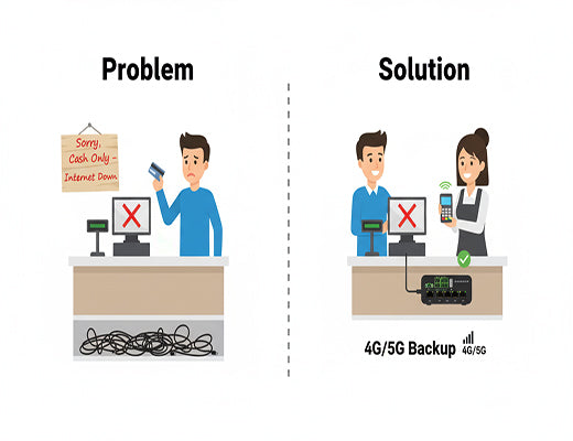 An infographic showing how a cellular router for POS backup prevents lost sales during a primary internet outage.