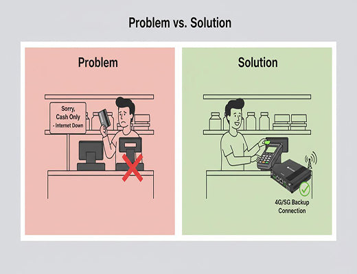 An infographic showing how a cellular router for POS backup prevents lost sales during a primary internet outage.