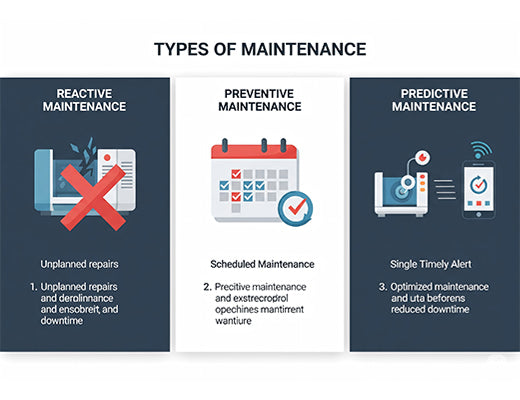 An infographic comparing reactive, preventive, and predictive maintenance models for industrial equipment.