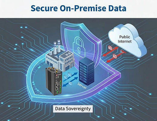 A diagram illustrating data sovereignty in a Private 5G network, where edge device data remains securely inside the factory firewall and never touches the public internet.