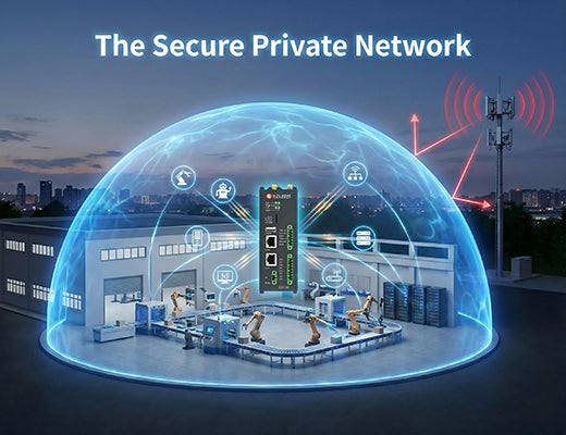 A conceptual illustration showing a factory covered by a secure Private 5G dome, isolating its edge devices from the public internet and external interference.