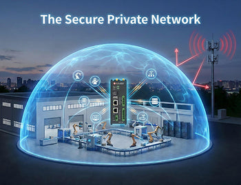 A conceptual illustration showing a factory covered by a secure Private 5G dome, isolating its edge devices from the public internet and external interference.