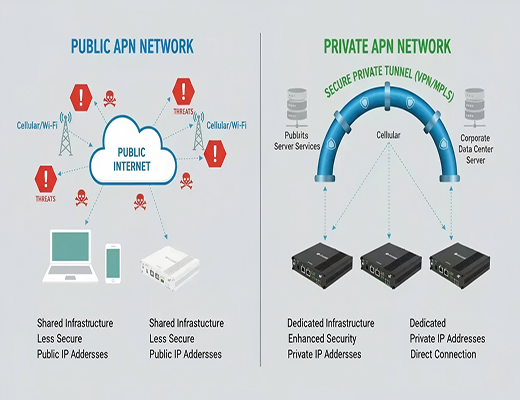 Diagram comparing the security of a public APN versus a private APN for industrial IoT devices.