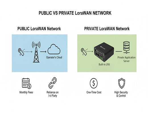 An infographic comparing the architecture, cost model, and security of a public LoRaWAN network versus a private LoRaWAN network.