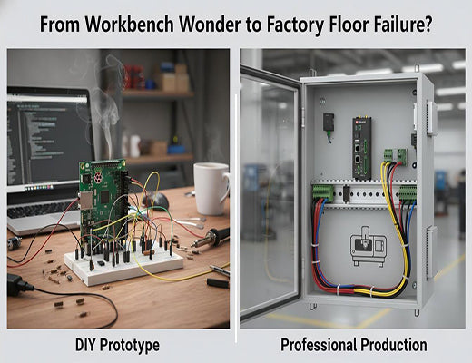Comparison image showing a Raspberry Pi used for DIY cnc router prototyping versus a professional industrial edge gateway for reliable production deployment.